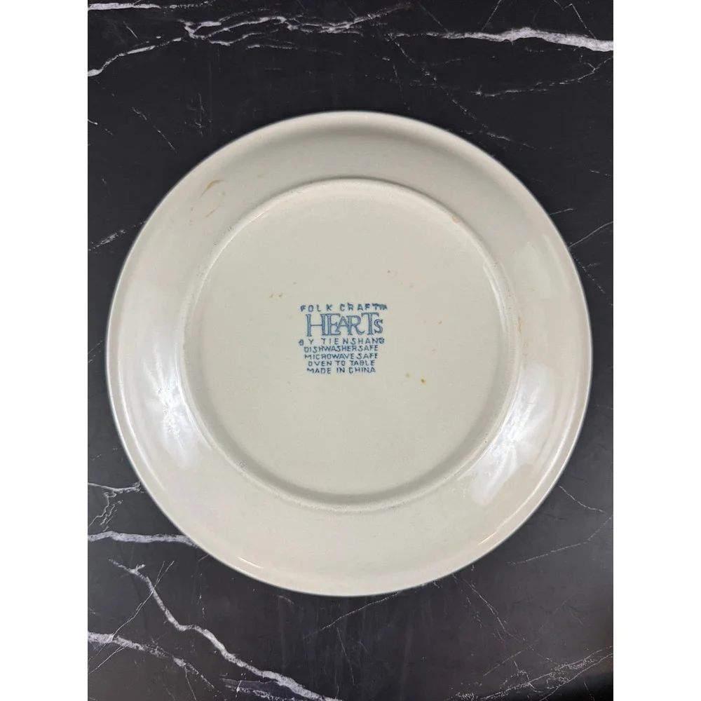 VTG Tienshen Folk Craft Hearts Blue White Spongeware 10 1/4in Dinner Plate READ